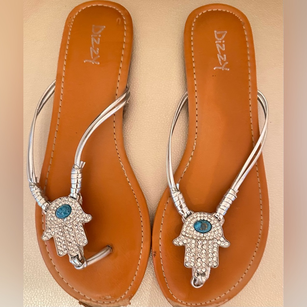 Dizzy Silver and Tan Sandals with Hamsa Charm